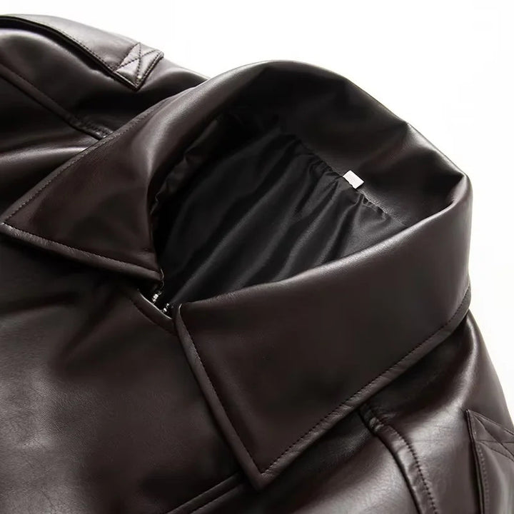 Damen nan oversized Kunstlederblouson mit großem Schalkragen, Pattentaschen und elastischem Bund Drune