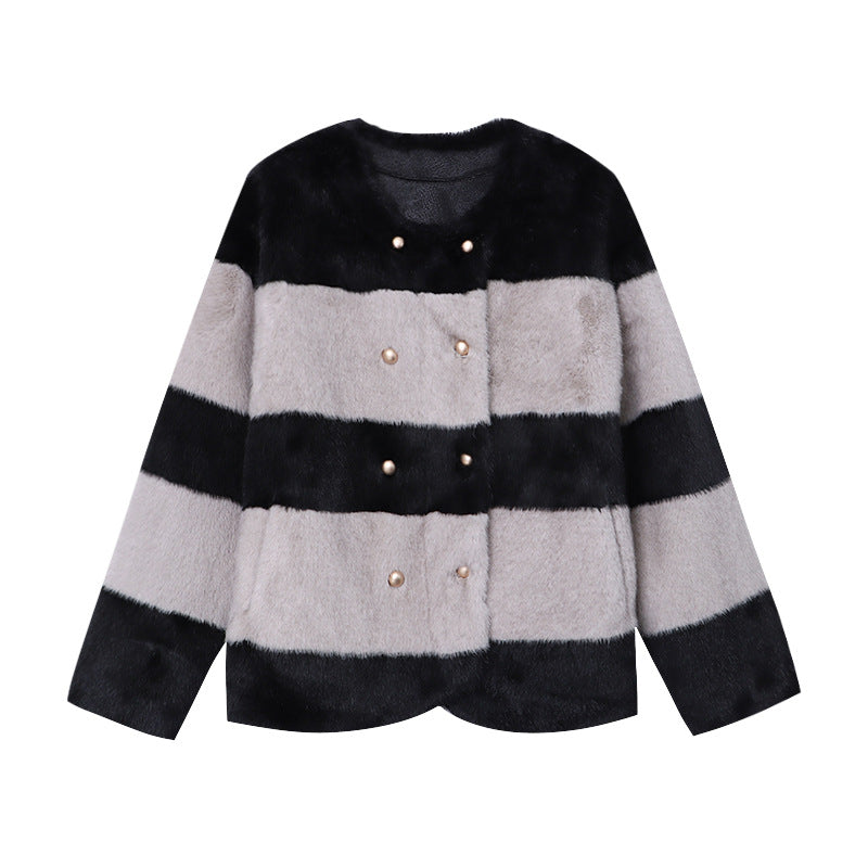 Damen modische Kunstpelzjacke mit gestreiftem Design und eleganten Druckknöpfen Drune