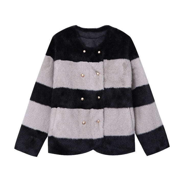 Damen modische Kunstpelzjacke mit gestreiftem Design und eleganten Druckknöpfen Drune