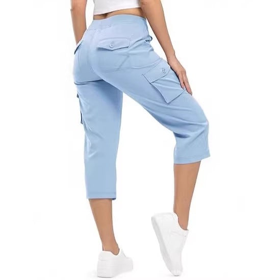 Damen Capri Cargo-Hosen in Bermuda-Länge mit hoher Taille und aufgesetzten Klappentaschen Drune