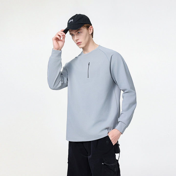 Herren Rundhals-Sweatshirt mit Brust-Reißverschluss, perforierter Utility-Blende und relaxter Passform Drune