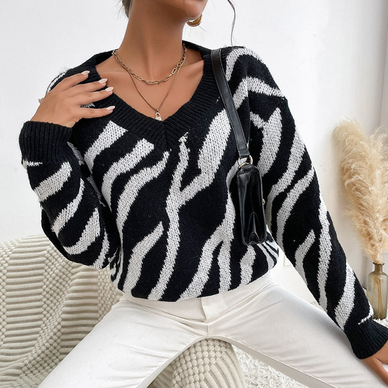 Damen Modischer Pullover mit Zebrastreifen-Design Drune