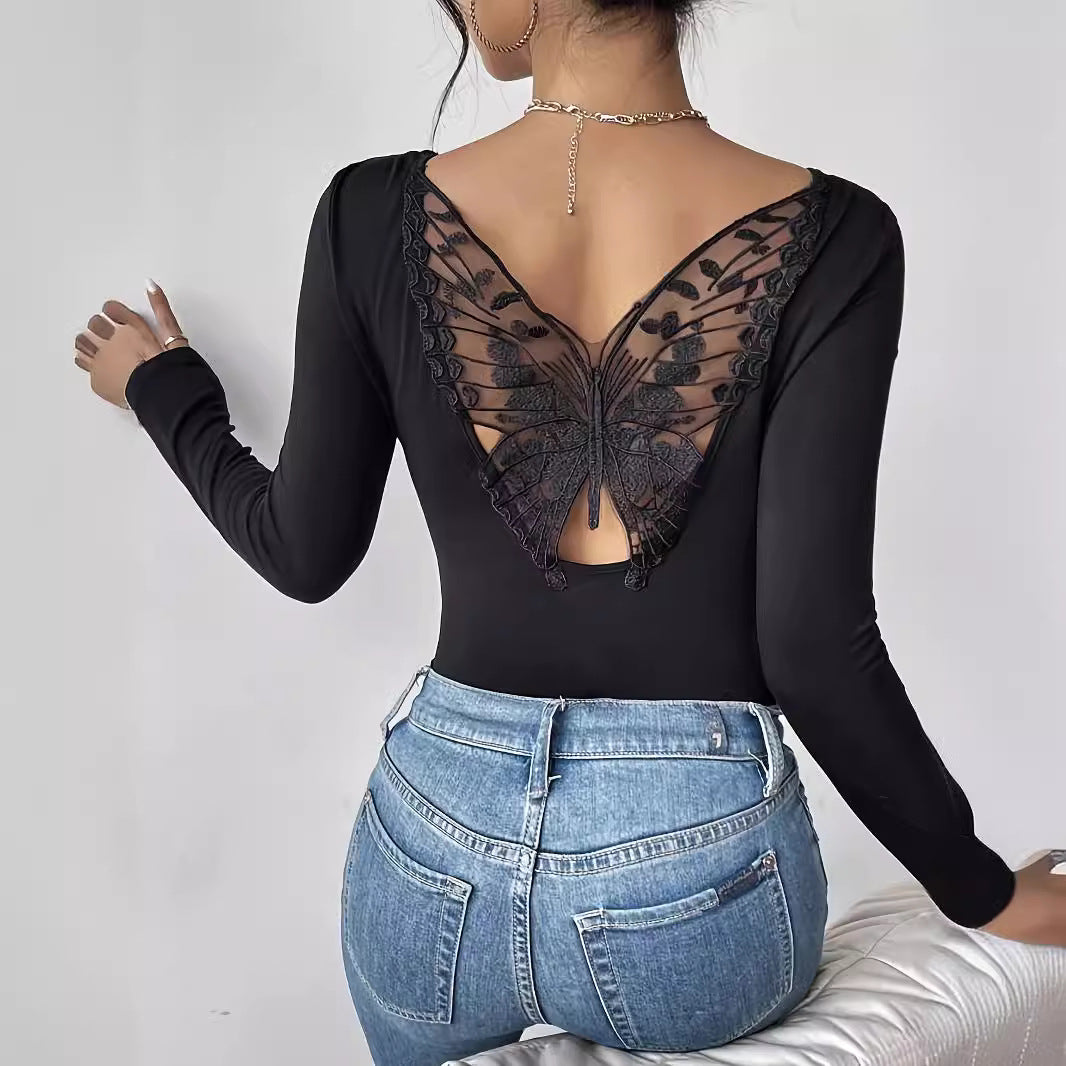 Damen nan eng anliegendes Langarmtop mit tiefer Rückenöffnung und besticktem Schmetterlings-Spitzeneinsatz Drune