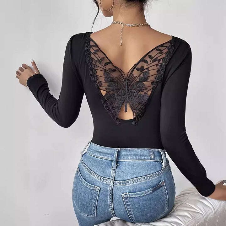 Damen nan eng anliegendes Langarmtop mit tiefer Rückenöffnung und besticktem Schmetterlings-Spitzeneinsatz Drune