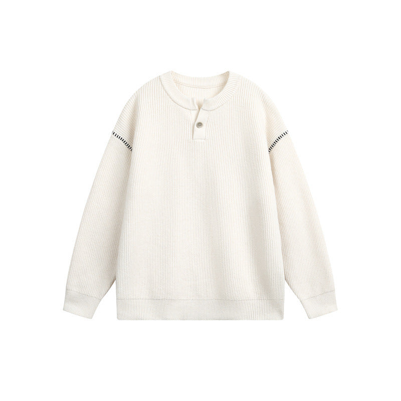Unisex Grobstrick-Henley-Pullover mit Knopfleiste und Drop-Shoulder Drune