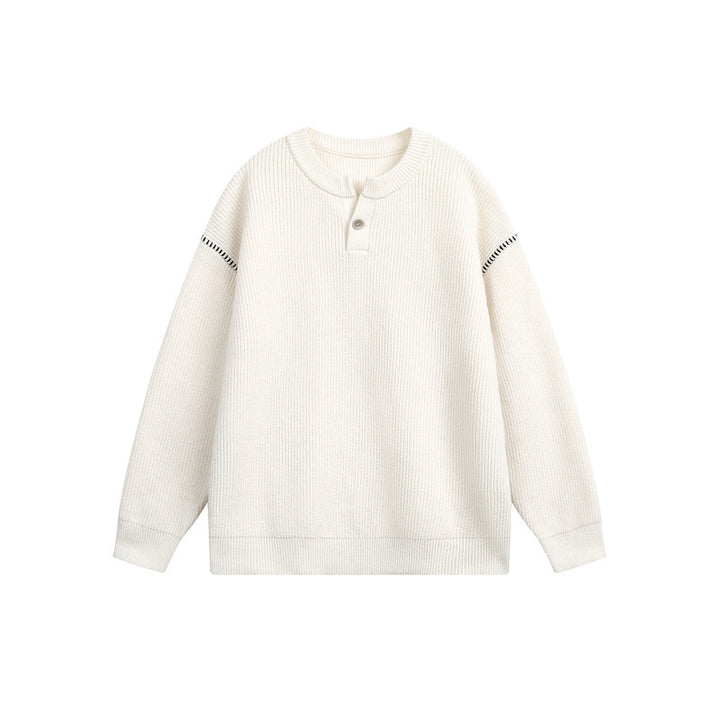 Unisex Grobstrick-Henley-Pullover mit Knopfleiste und Drop-Shoulder Drune