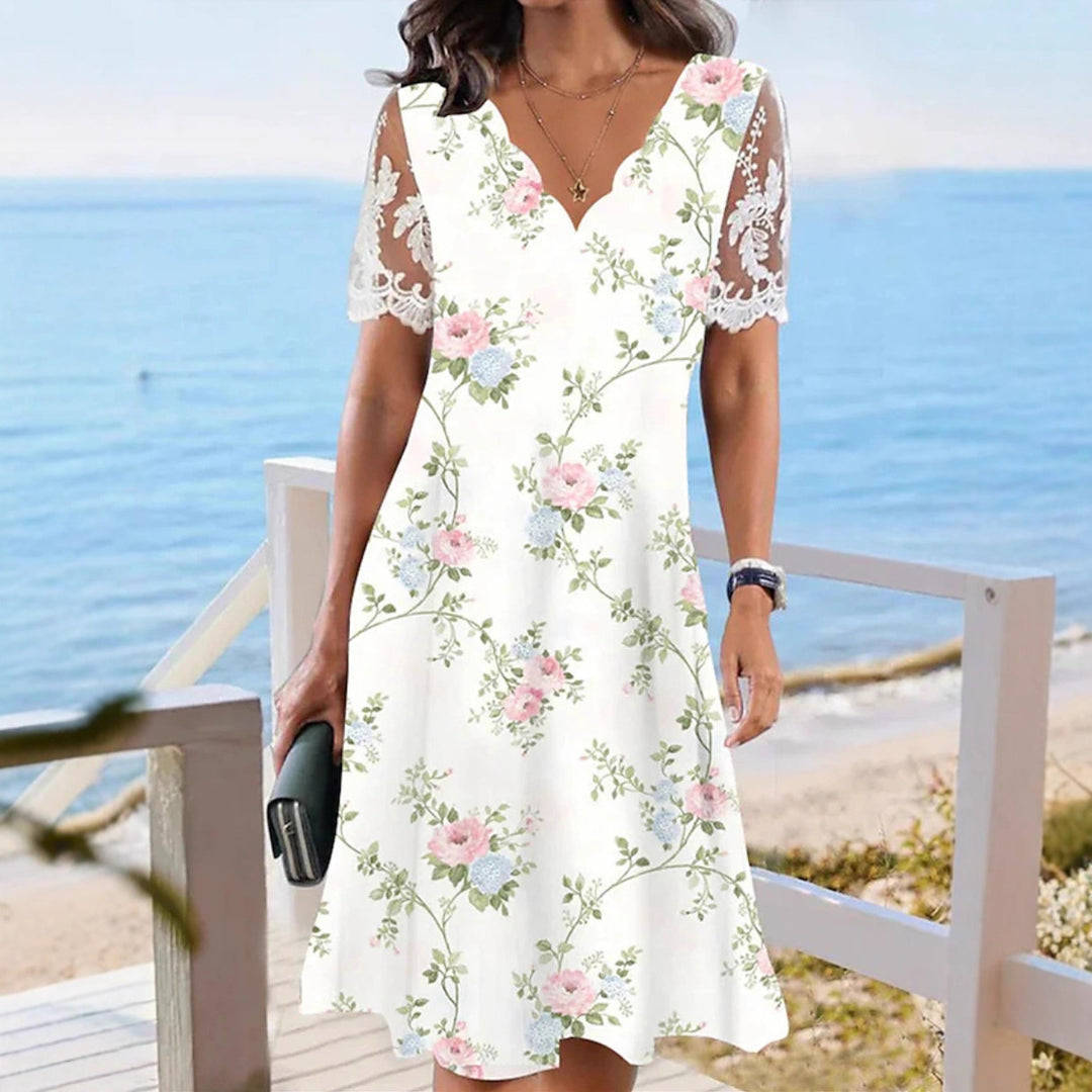 Damen nan fließendes Midi-Strandkleid mit gewelltem V-Ausschnitt und transparenten Spitzenärmeln Drune