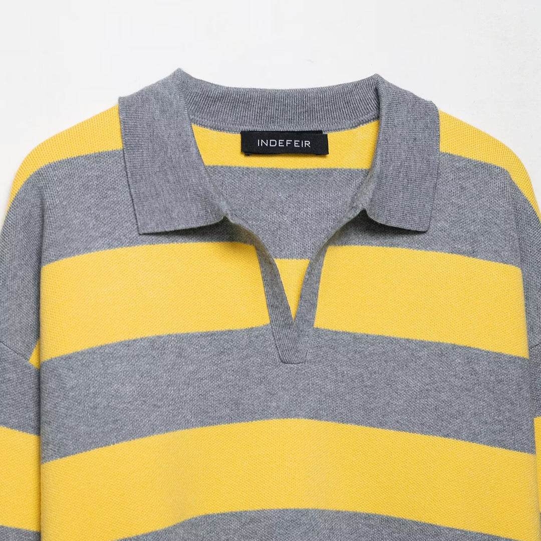 Damen modischer Poloshirt-Pullover mit breiten Streifen und kurzen Ärmeln Drune