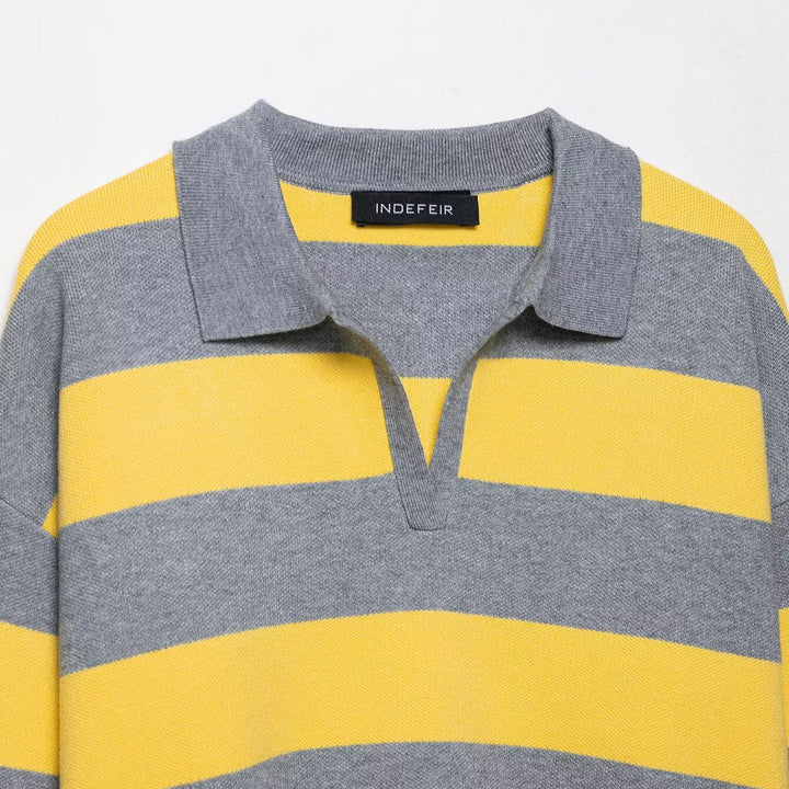 Damen modischer Poloshirt-Pullover mit breiten Streifen und kurzen Ärmeln Drune