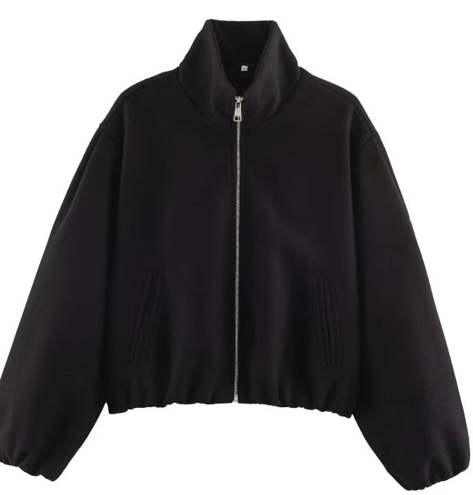 Damen Kurz geschnittene Bouclé‑Blousonjacke mit Stehkragen, elastischem Saum und Ballonärmeln Drune