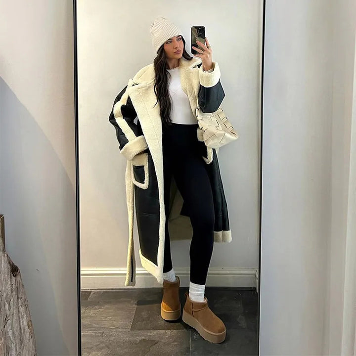 Damen Modischer Langmantel mit Kuschelfutter Drune
