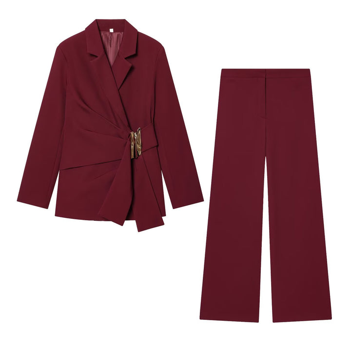 Damen Zweiteiliges Wickelblazer- und Palazzo-Anzugset mit Ziergürtel Drune