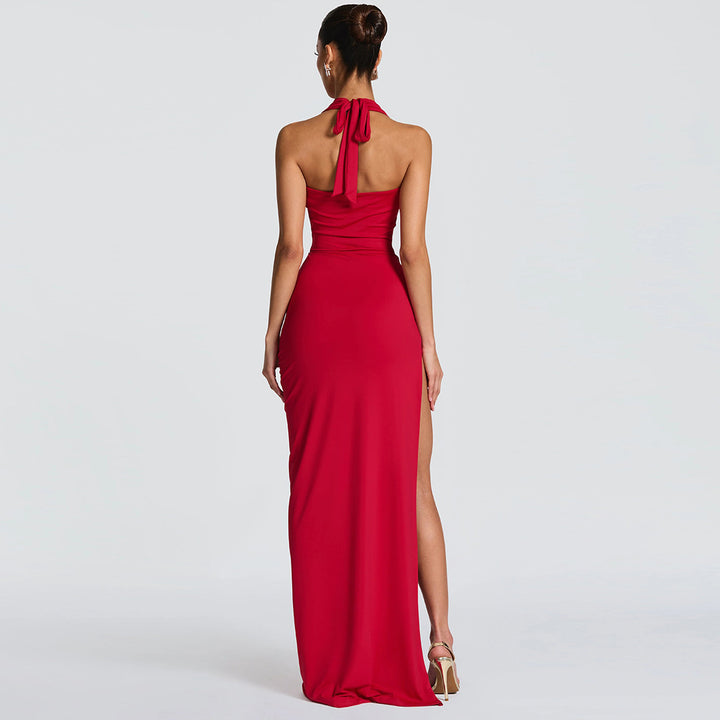 Damen Elegantes Maxikleid mit tiefem Halsochnitt und seitlichem slit Drune