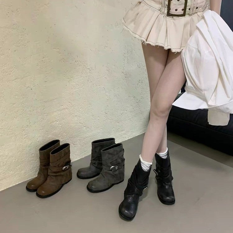 Damen Modische Stiefel mit Dekorativem Riemen Drune