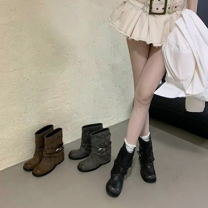 Damen Modische Stiefel mit Dekorativem Riemen Drune