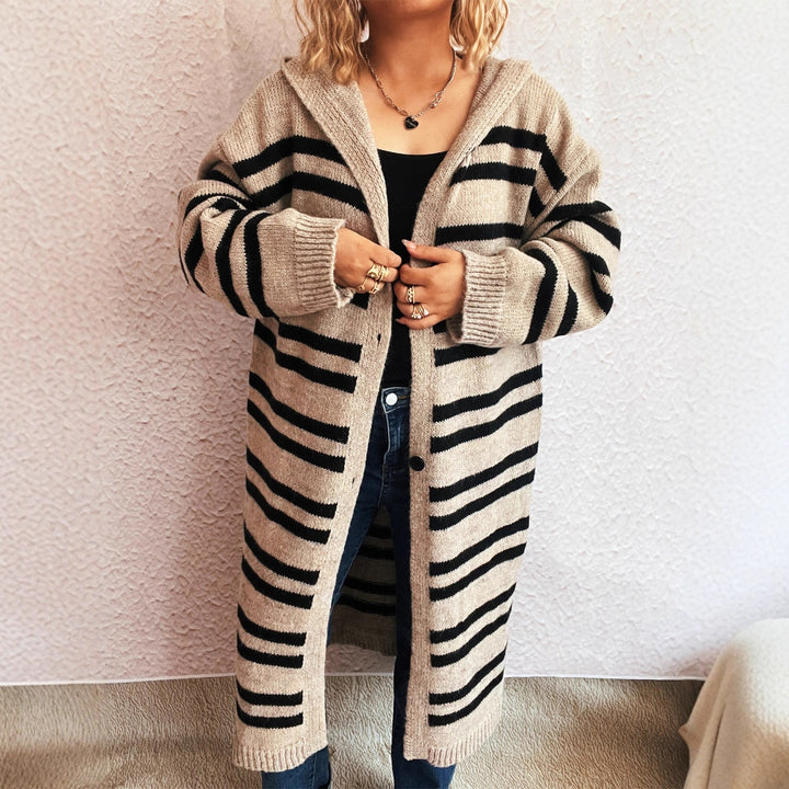 Damen gemütlicher Strickcardigan mit modischem Streifenmuster und Kapuze Drune