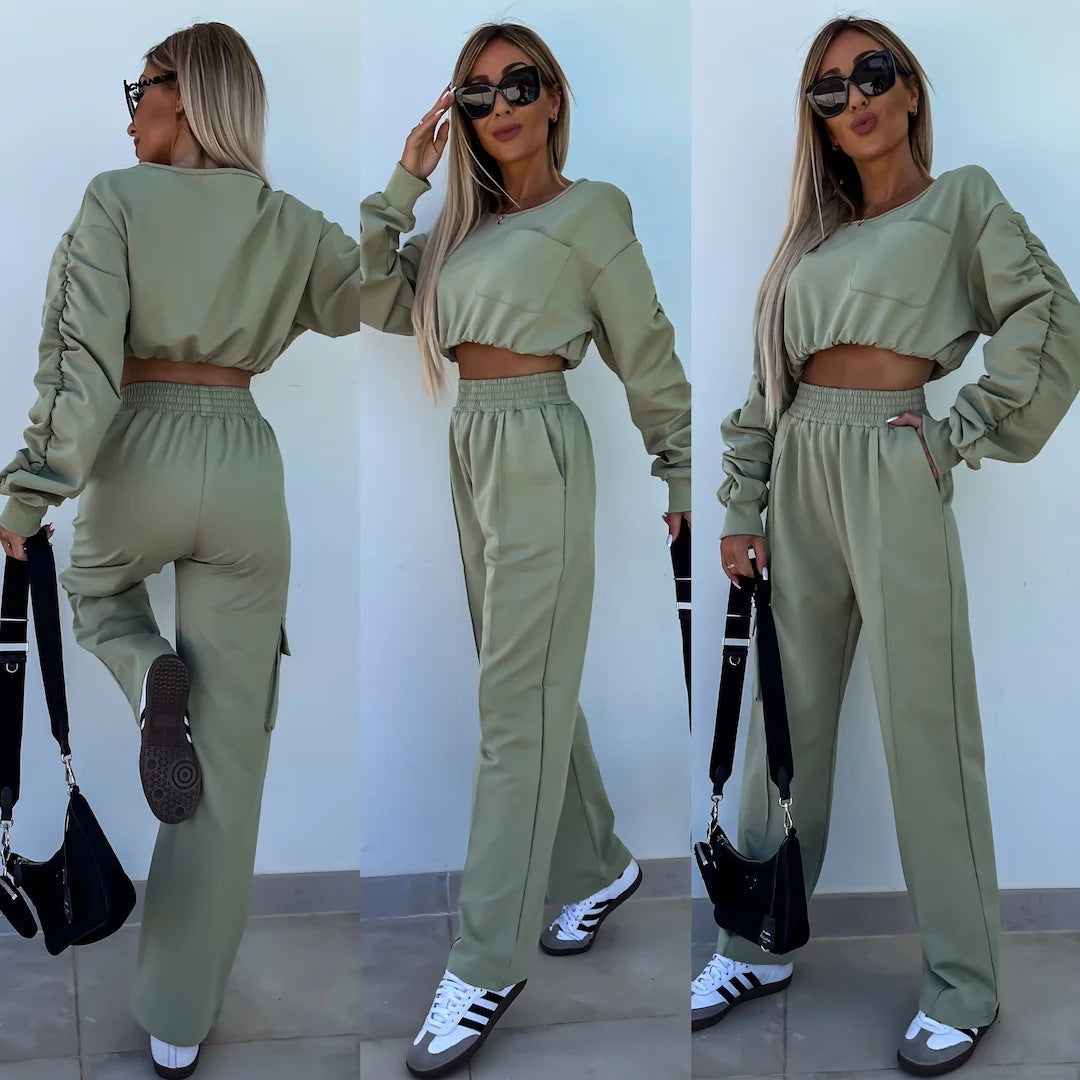 Damen lässiges Set mit cropped Oberteil und weit geschnittener Hose Drune