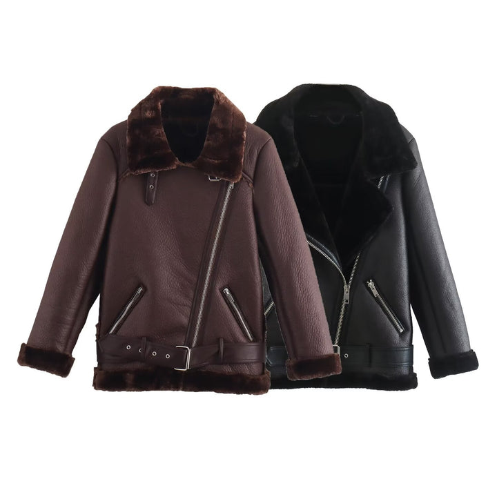 Damen nan taillierte Bikerjacke im Aviator‑Look mit Kunstfellfutter, asymmetrischem Reißverschluss und Taillengürtel Drune