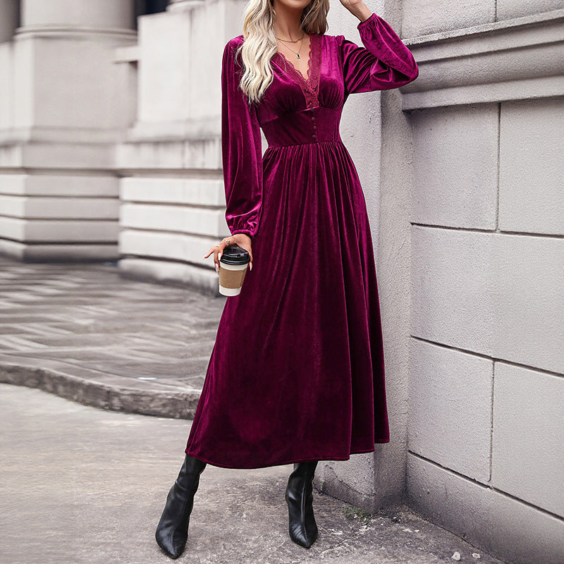 Damen Samt-Maxikleid mit V-Ausschnitt und Empire-Taille Drune