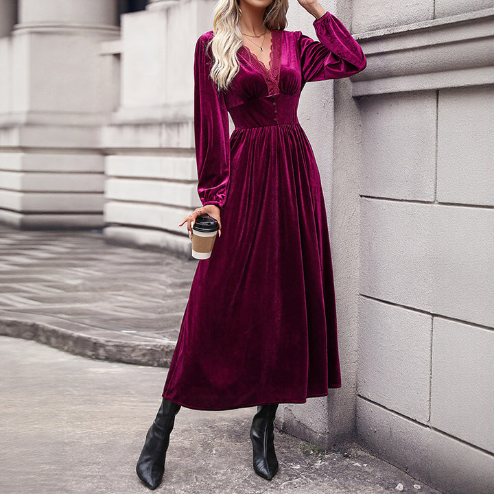 Damen Samt-Maxikleid mit V-Ausschnitt und Empire-Taille Drune