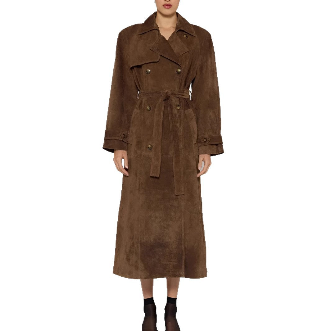 Damen eleganter und taillierter Wildleder-Trenchcoat mit Gürtel Drune