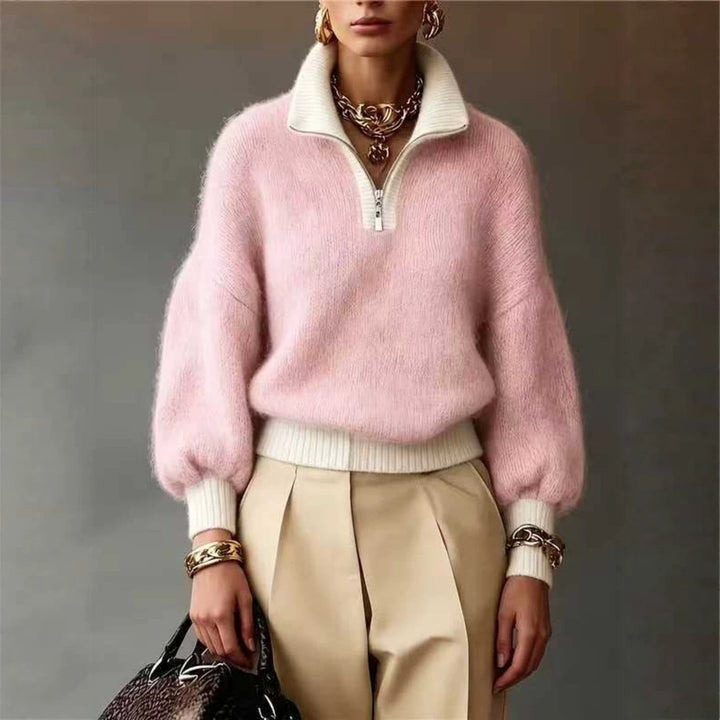 Damen Flauschiger Pullover mit halbem Reißverschluss, Stehkragen und Ballonärmeln Drune