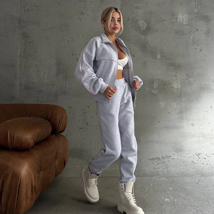 Damen gemütlicher Fleece-Sweatanzug mit hohem Kragen und Reißverschluss Drune
