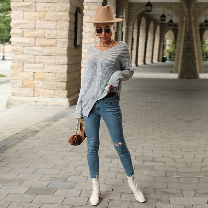 Damen Feiner V‑Ausschnitt Strickpullover mit mittigem Zopfdetail und legerer Silhouette Drune
