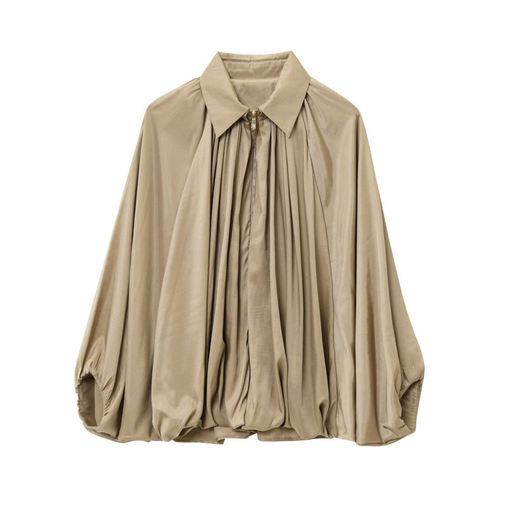 Damen nan weit geschnittene Cape-Bluse mit durchgehendem Reißverschluss, balloniertem Saum und gerafften Ärmeln Drune