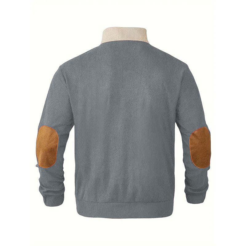 Herren Strukturierter Halbknopf-Pullover mit Stehkragen, Rippenstruktur und Ellenbogen-Patches Drune