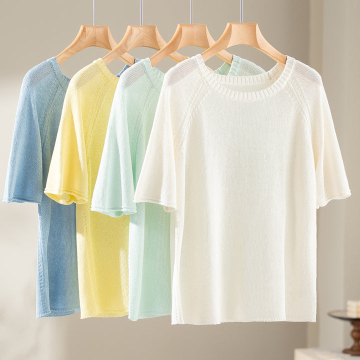 Damen Feines Strickshirt mit halblangen Ärmeln und Rundhalsausschnitt Drune