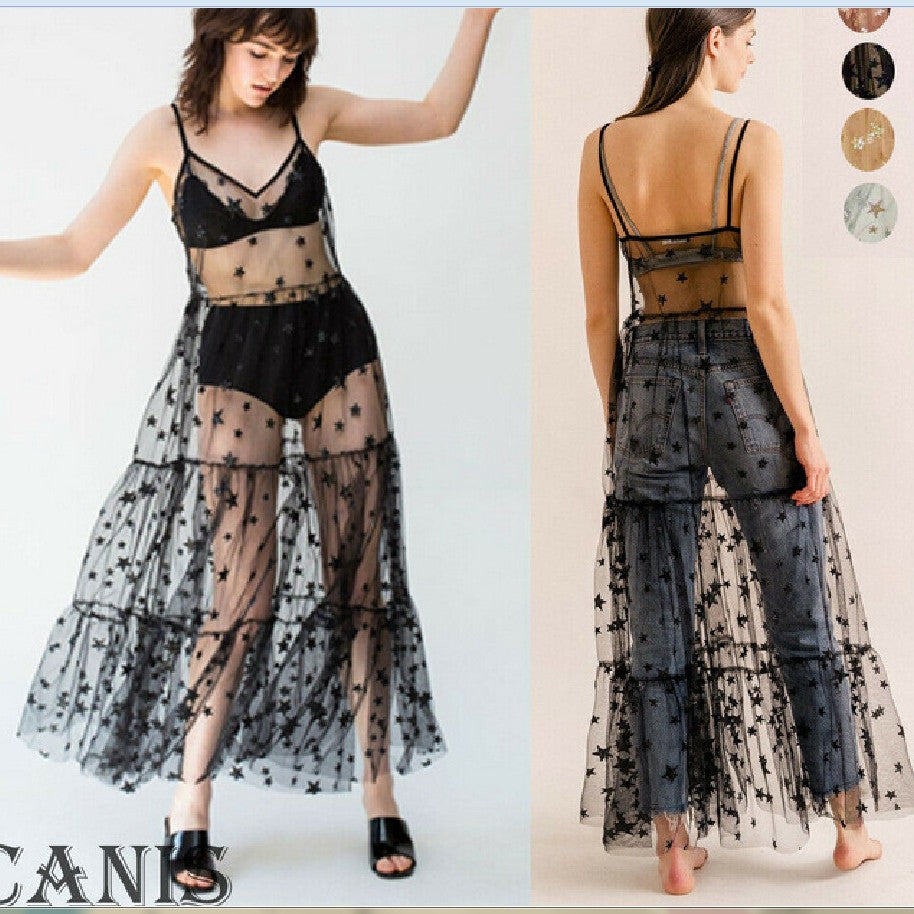 Damen Transparente Maxikleid aus Chiffon mit Sternen-Design und mehrlagigem Saum Drune