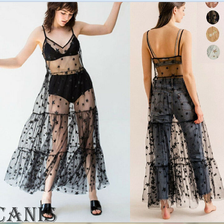 Damen Transparente Maxikleid aus Chiffon mit Sternen-Design und mehrlagigem Saum Drune