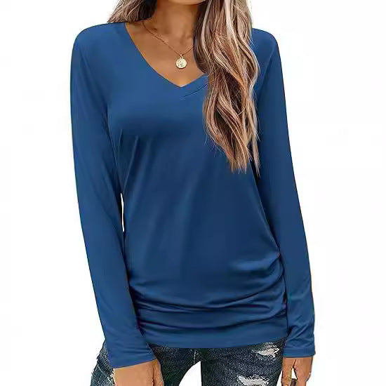 Damen Figurbetontes V‑Ausschnitt Langarmshirt aus Stretch‑Jersey mit leicht gerafftem Saum Drune