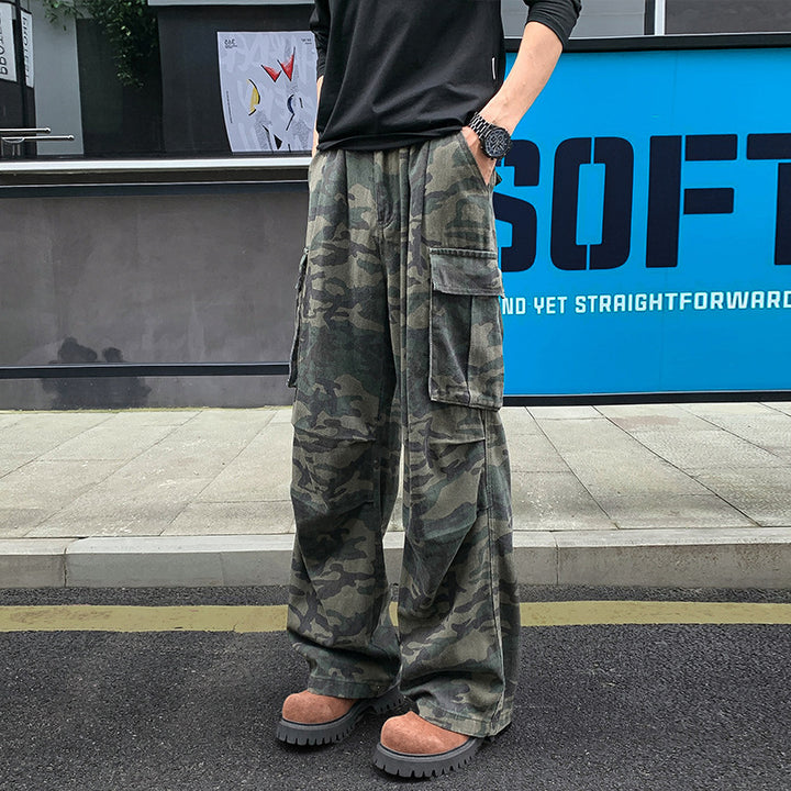 Herren Weite Camouflage-Cargohose mit tiefem Schritt, Multi‑Taschen und elastischem Bund Drune
