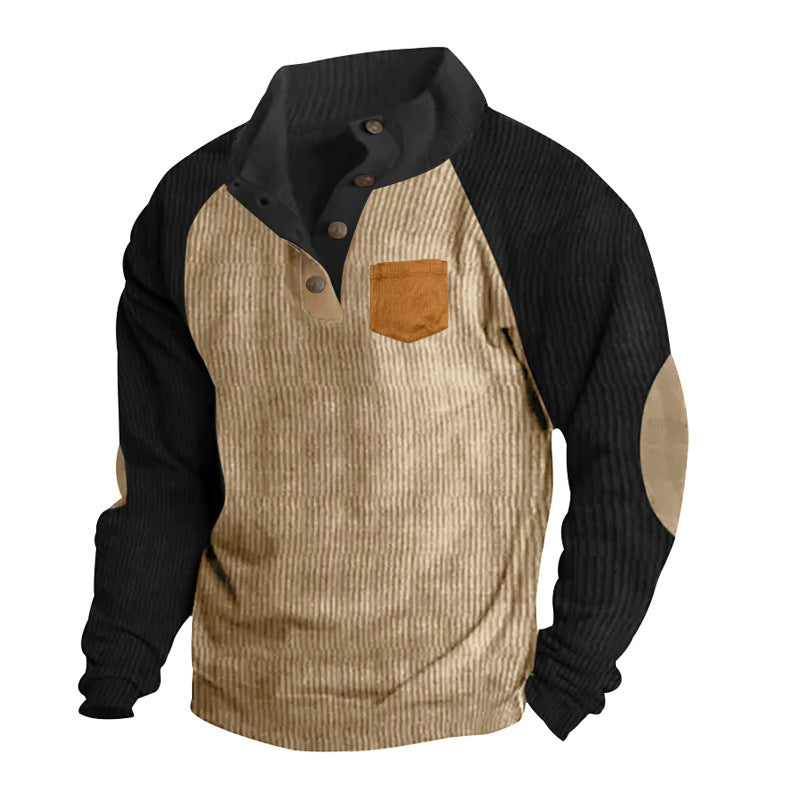 Herren Geripptes Henley‑Pullover mit Raglanärmeln, Ellenbogen‑Patches & Brusttasche Drune