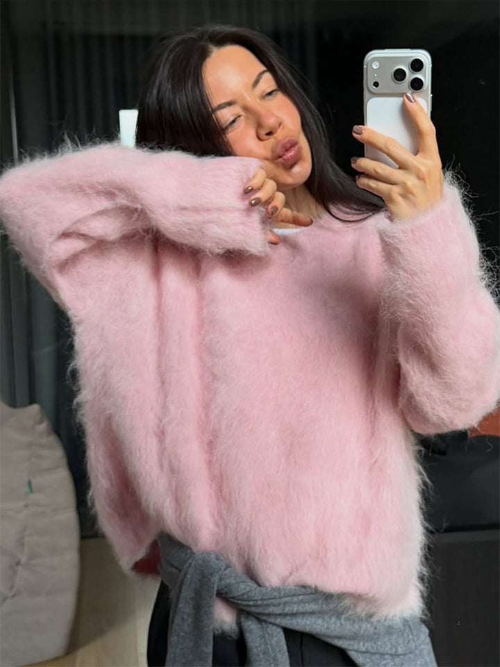 Damen Oversized Mohairpullover mit flauschiger Textur und Rundhalsausschnitt Drune