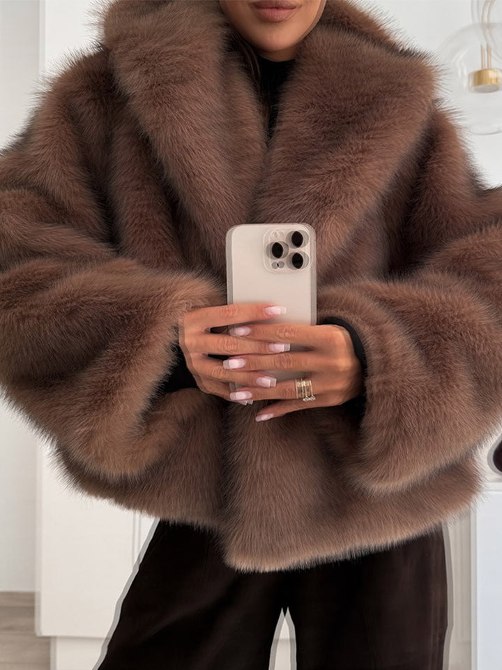 Damen stylischer Kunstfellmantel mit breitem Kragen Drune