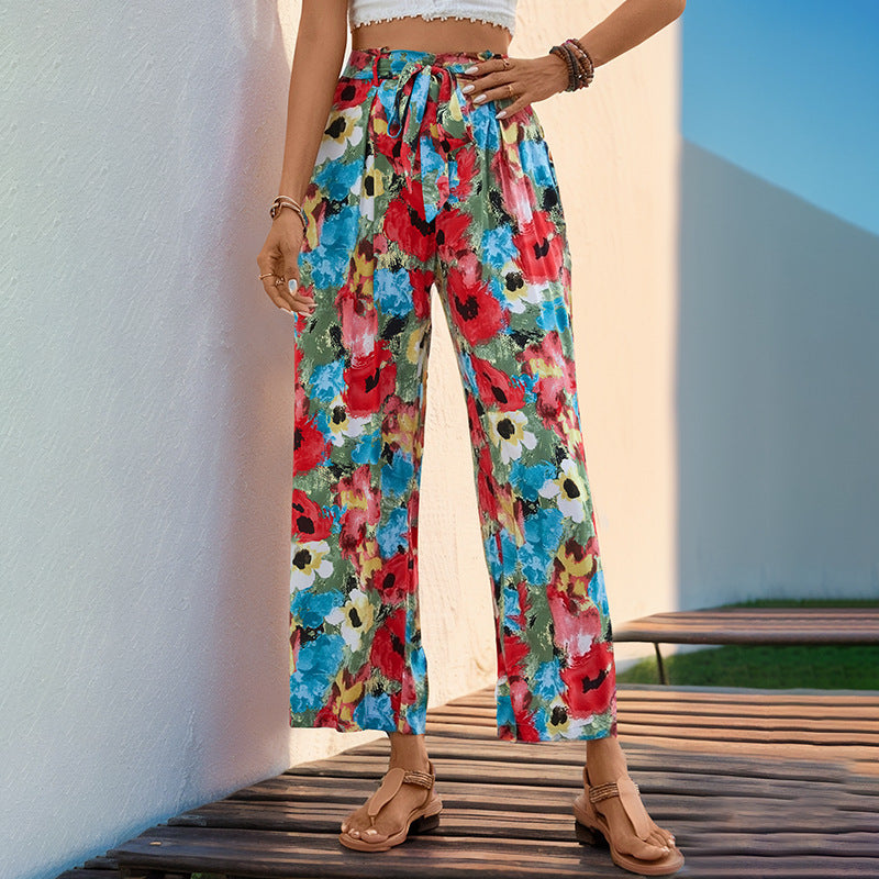Damen Leichte High‑Waist Marlenehose mit floralem Aquarellprint, weitem Bein & Bindegürtel Drune