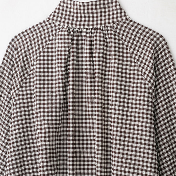 Damen Karo-Bluse mit Stehkragen, Knopfleiste und Tunnelzug-Saum Drune