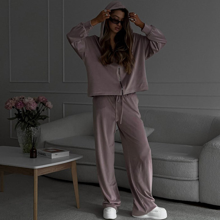 Damen lässiger Fleece-Jogginganzug mit Kapuze und weitem Schnitt Drune