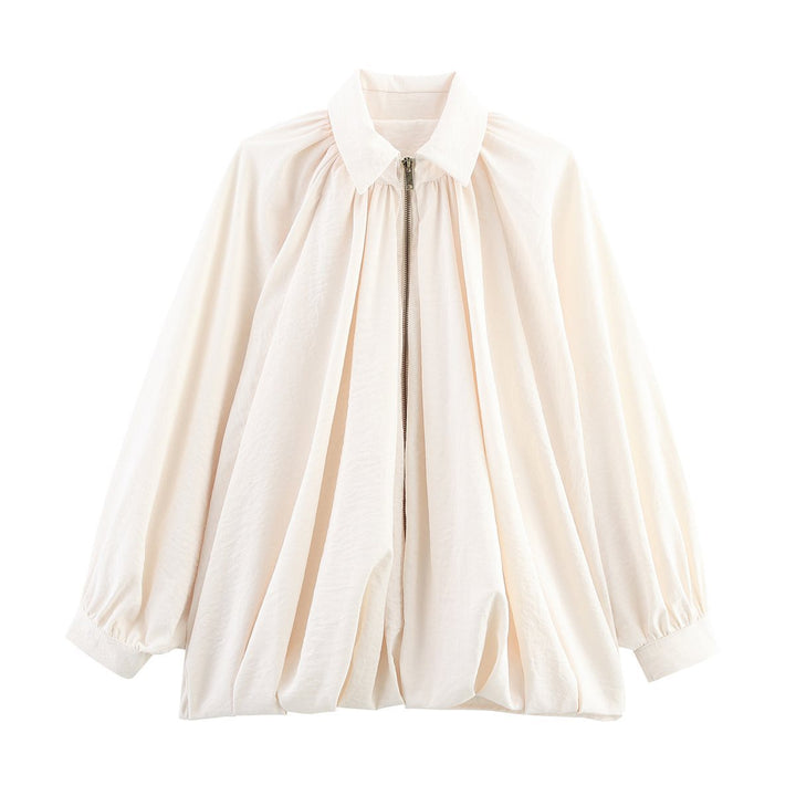 Damen Oversize-Hemdbluse mit Reißverschluss, Kräuselung und Ballonärmeln Drune