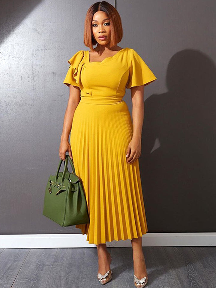 Damen elegantes Plisseekleid mit asymmetrischem Rüschen-Detail Drune