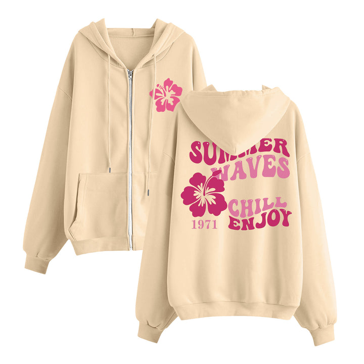 Damen nan entspannter Zip-Hoodie mit tropischem Hibiskus-Print, Kängurutaschen und gerippten Bündchen Drune