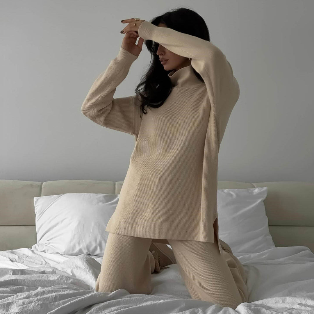 Damen Feiner Rippstrick-Loungewear-Set mit Stehkragen, Seitenschlitzen und hoher Taille Drune