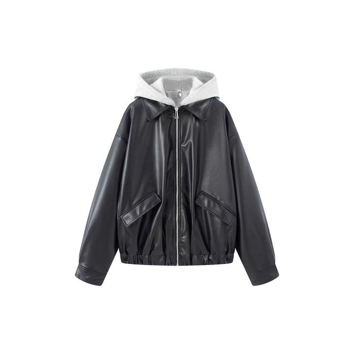 Damen Oversize Kunstleder-Blouson mit Kapuzen-Einsatz und aufgesetzten Pattentaschen Drune