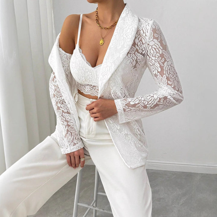 Damen nan Spitzenblazer mit Schalkragen und floraler Transparenz Drune