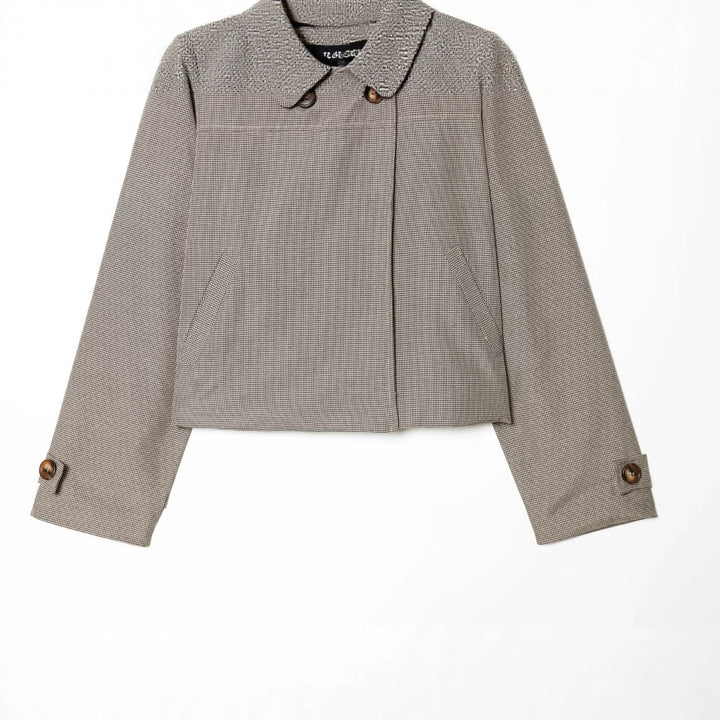 Damen Cropped-Jacke im Glencheck mit rundem Kragen und verdeckter Knopfleiste Drune