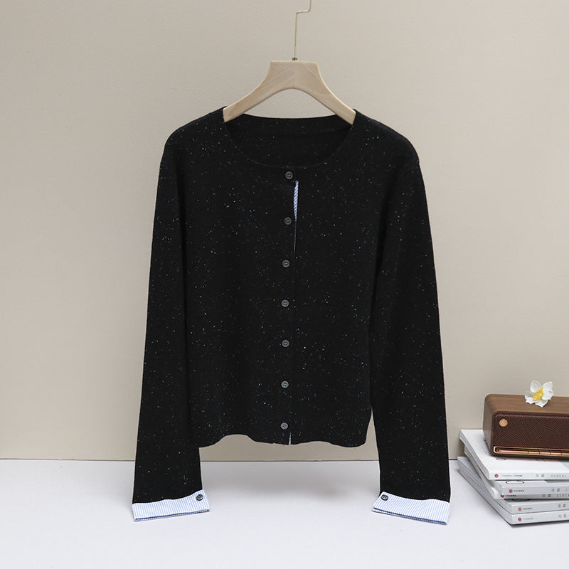 Damen Kurz geschnittener Feinstrick-Cardigan mit kontrastierenden Hemdblusenmanschetten Drune