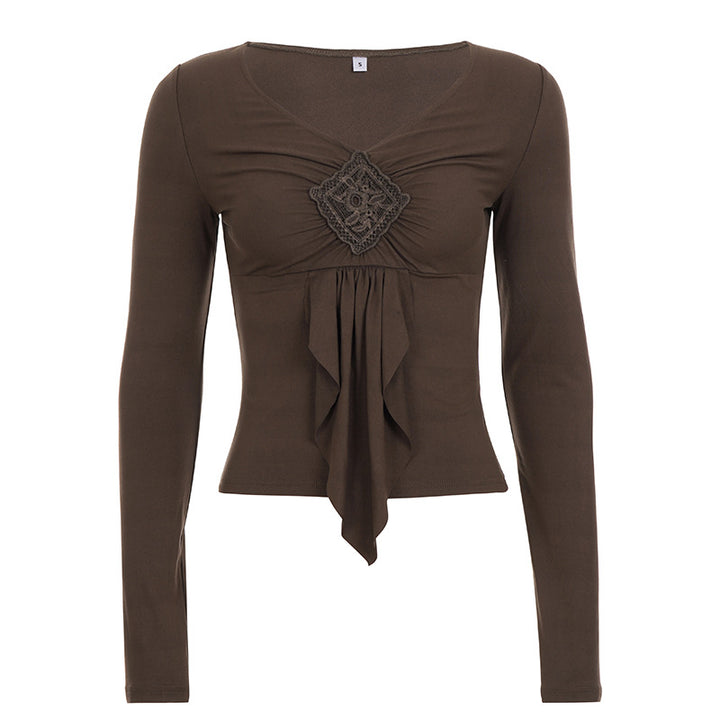 Damen nan figurbetontes Langarmshirt mit Drapé-Vorderteil und gehäkelter Mittelapplikation Drune